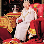 With her 18ft Robe of State draped around her and wearing the Diamond Diadem we see on stamps, the Queen sits in the Throne Room at Buckingham Palace
